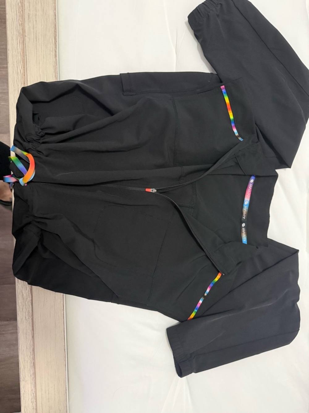 Black Zip jumpsuit infinity scrub with Rainbow Ribbon Accents